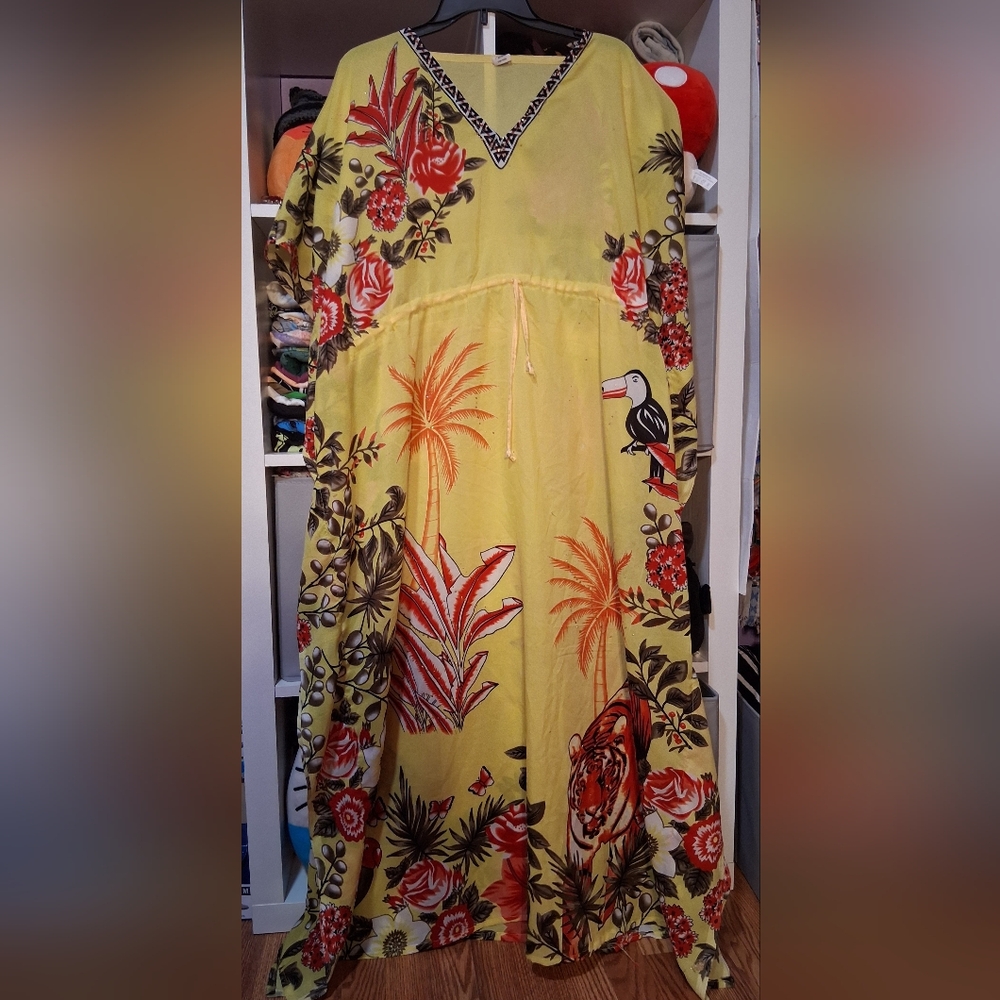 Tropical Floral Yellow Women's Kaftan with Drawstring